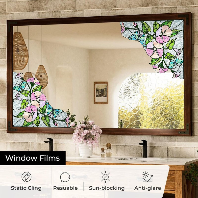 ADD.HERES Window Stickers, ‌Stained Glass Window Privacy Film, UV Blocking Static Cling for Home Kitchen Office Bathroom, Morning Glory, 16.93" X 16.93" - Image 4