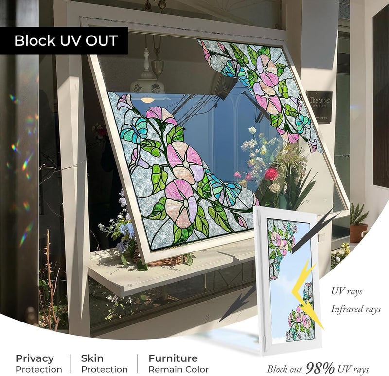 ADD.HERES Window Stickers, ‌Stained Glass Window Privacy Film, UV Blocking Static Cling for Home Kitchen Office Bathroom, Morning Glory, 16.93" X 16.93" - Image 5