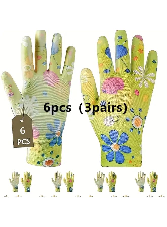 6pcs 3 Pairs Coated Palm Womens Green Nylon Gloves Breathable All Season - Image 1