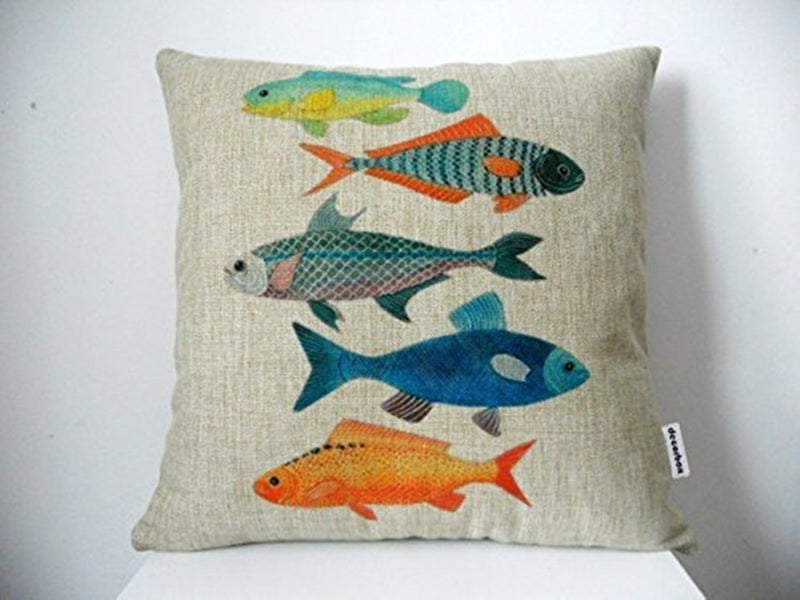 decorbox Cotton Linen Square Decorative Fashion Throw Pillow Case Cushion Cover Colorful Fish 18 X 18 Beige - Image 1