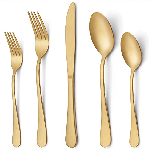 LIANYU 20 Piece Matte Gold Silverware Set, Stainless Steel Gold Flatware Cutlery Set for 4, Fancy Kitchen Utensil Tableware for Home Restaurant Party, Satin Finish, Dishwasher Safe - Image 1
