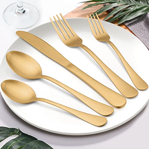 LIANYU 20 Piece Matte Gold Silverware Set, Stainless Steel Gold Flatware Cutlery Set for 4, Fancy Kitchen Utensil Tableware for Home Restaurant Party, Satin Finish, Dishwasher Safe - Image 2
