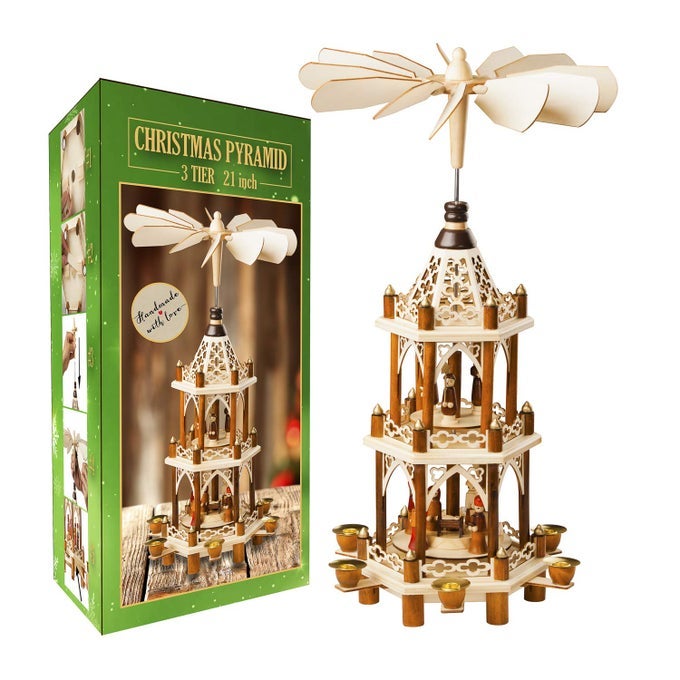 GERMAN CHRISTMAS DECORATION PYRAMID 21 INCHES WOOD NATIVITY SCENE SET UNDER THE CHRISTMAS TREE AND TABLE TOP HOLIDAY DECOR NATIVITY PLAY 3 TIERS CAROUSEL WITH 6 CANDLE HOLDERS GERMAN DESIGN