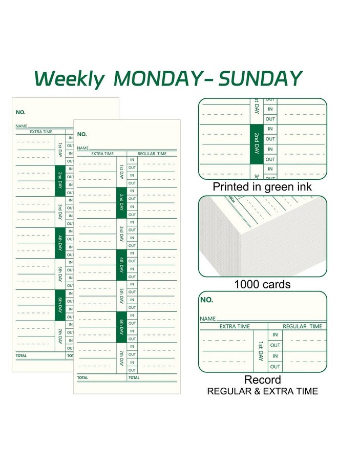 Chuangdi 1000 Pieces Time Cards 1 Side Time Clock Cards 3.5 X 9 Inches Green Print Time Sheets For Employees Weekly For Punch Time Clock Employee Attendance Payroll Recorder Business  - Image 3