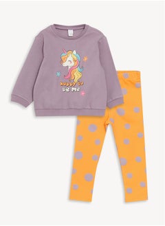 LC WAIKIKI Crew Neck Long Sleeve Printed Baby Girl Sweatshirt and Tights 2-Pack Set  - Image 1
