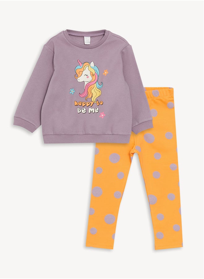 LC WAIKIKI Crew Neck Long Sleeve Printed Baby Girl Sweatshirt and Tights 2-Pack Set  - Image 1