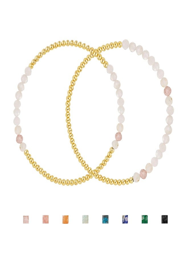Kainier Gold Beaded Bracelets for Women 2Pairs 14K Gold Plated Stretch Bracelet Set Stackable Tarnish Dainty Natural Stone Bead Bracelets Gift (Moonstone) - Image 1
