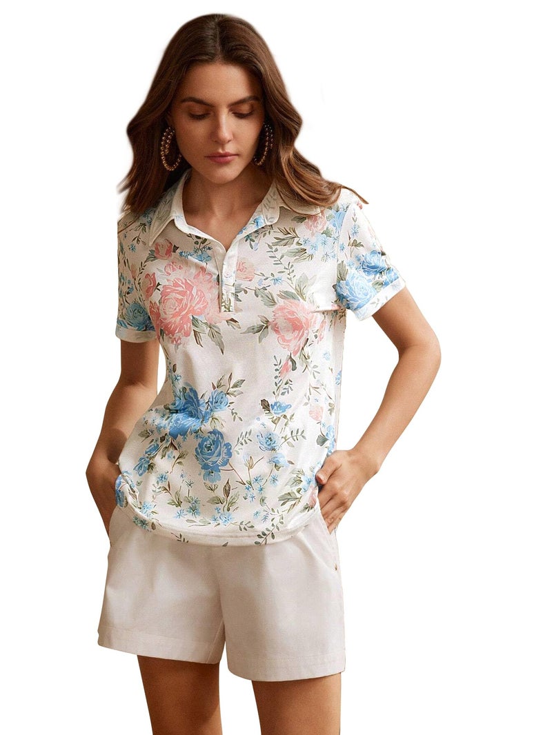 Toochki Polo T Shirt for Women | Cotton Stretchable | T-Shirt | Tshirt | Collar Half Sleeve | for Jeans | Short | Floral Printed | Women's Polos - Image 1