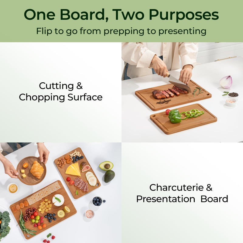 Keechee Butcher Block 2-Pcs Carbonized Bamboo Cutting Board Set With Juice Groove For Meal Prep & Cheese Serving - Ideal Kitchen Gift Set of 2 (M+L) - Image 3
