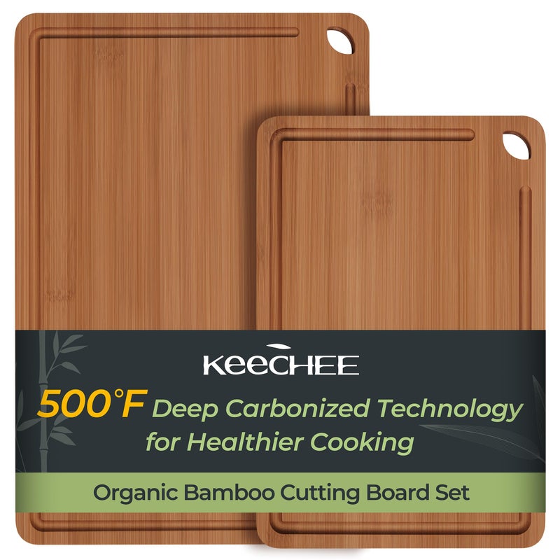 Keechee Butcher Block 2-Pcs Carbonized Bamboo Cutting Board Set With Juice Groove For Meal Prep & Cheese Serving - Ideal Kitchen Gift Set of 2 (M+L) - Image 1