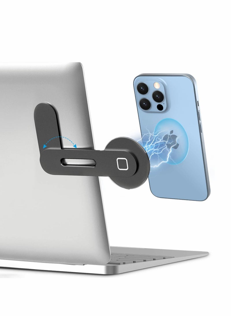Magnetic Laptop Phone Holder, Adjustable Computer Monitor Side Mount Clip Compatible with iPhone 14/13 / 12 Series & MagSafe Case All Phones, Portable Foldable Bracket, Black - Image 1