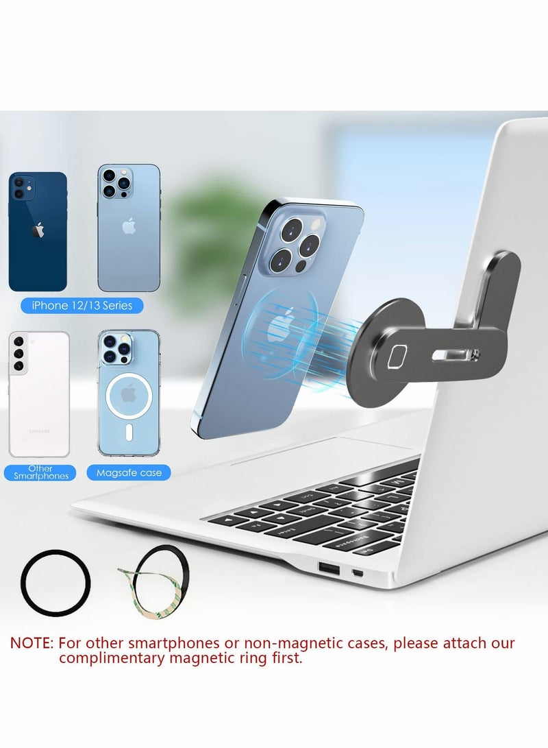 Magnetic Laptop Phone Holder, Adjustable Computer Monitor Side Mount Clip Compatible with iPhone 14/13 / 12 Series & MagSafe Case All Phones, Portable Foldable Bracket, Black - Image 2