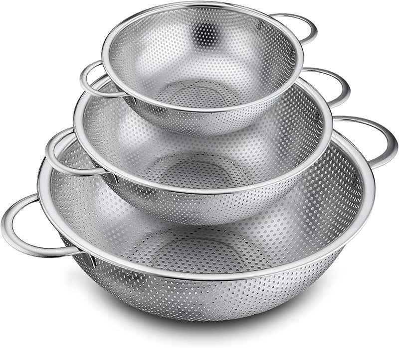 VBM Heavy Duty Stainless Steel Colander Strainer Drainer Set of 3 Vegetable Fruit Baskets Washing Sieve Drainer with Handle Kitchen Tools Rice Basin Drain Tray - Image 1