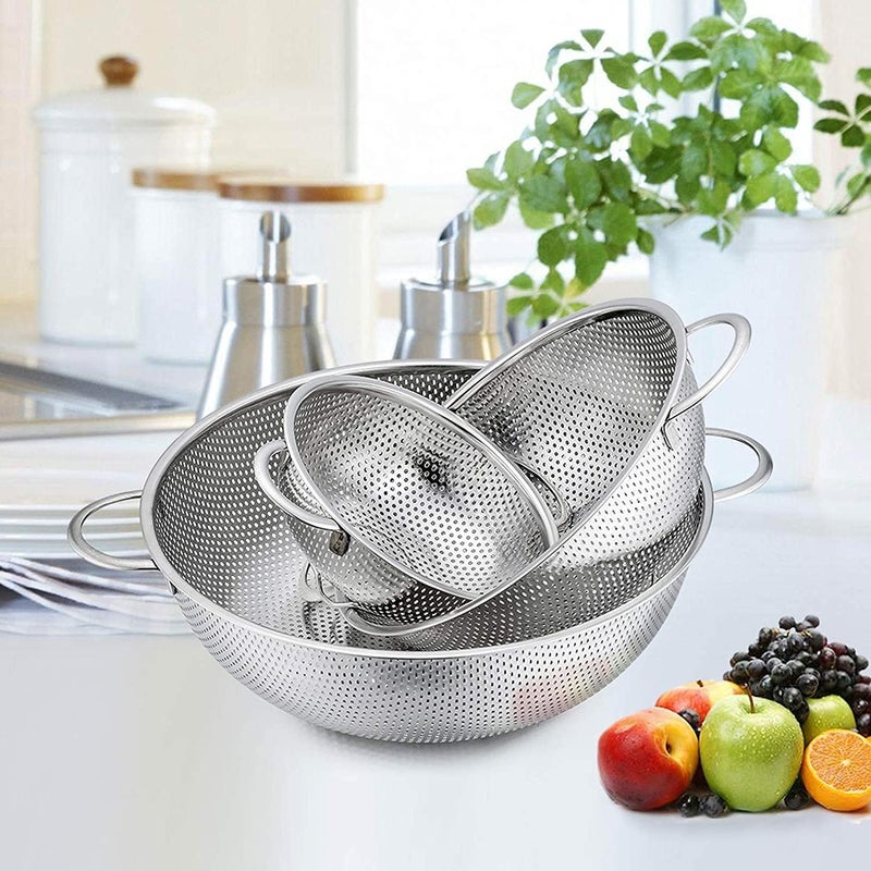 VBM Heavy Duty Stainless Steel Colander Strainer Drainer Set of 3 Vegetable Fruit Baskets Washing Sieve Drainer with Handle Kitchen Tools Rice Basin Drain Tray - Image 3