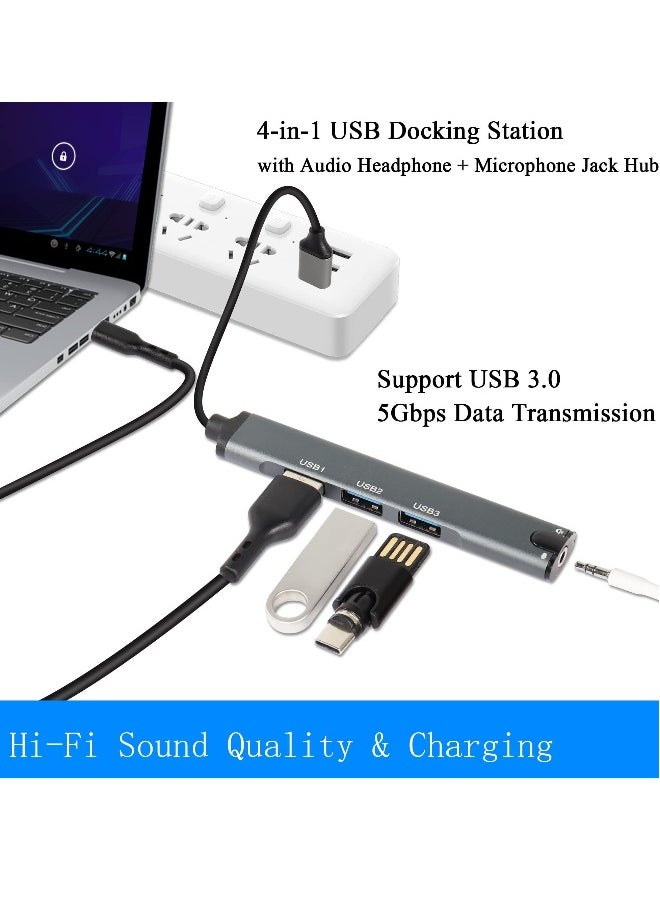 USB Hub 4-in-1 USB Docking Station with 3.5 mm Audio Headphone Microphone Jack Hub Adapter USB 3.0 Multiport Allocator for Laptop Phone Headphone