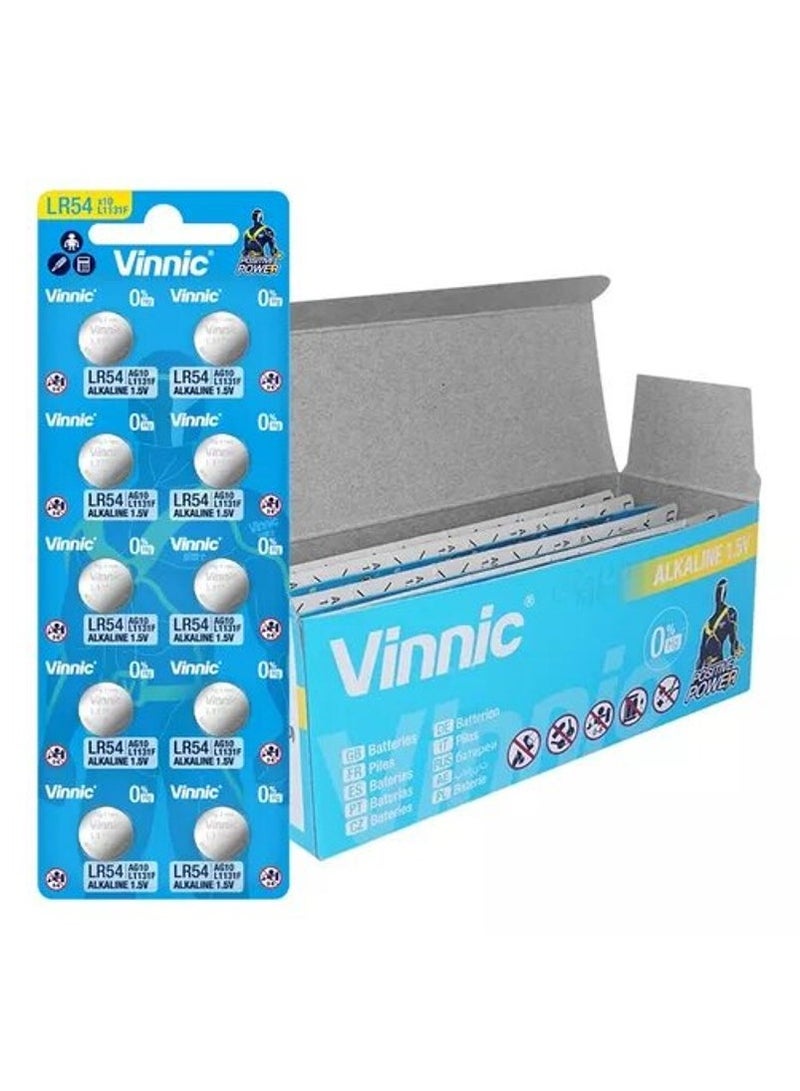 Vinnic 100-Pieces Vinnic AG10 (L1131F) (LR54) (LR1130) Alkaline 0%Hg 1.5V Batteries  - Image 1