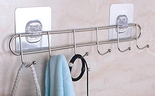 Gopendra Stainless Steel Adhesive 6 Hook Hanger Silver - Image 1