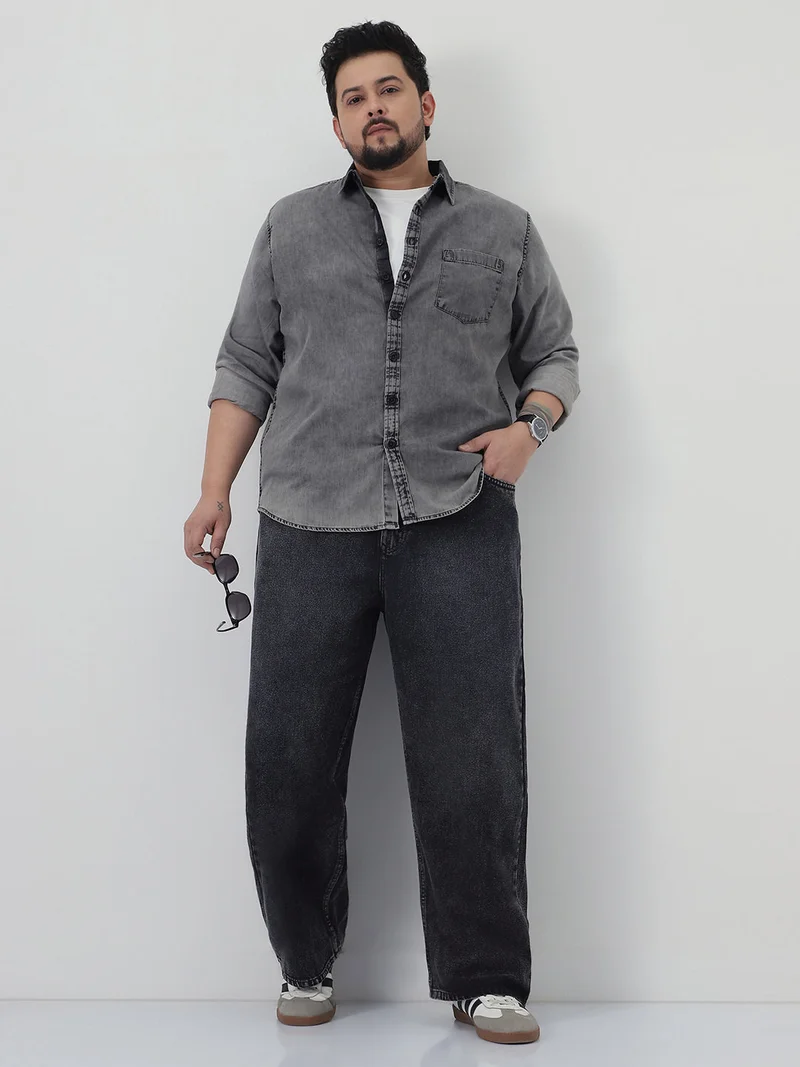 Urbano Fashion  Urbano Plus Men's Black Loose Baggy Fit Heavy Washed Jeans Non-Stretchable  | Best Price UAE