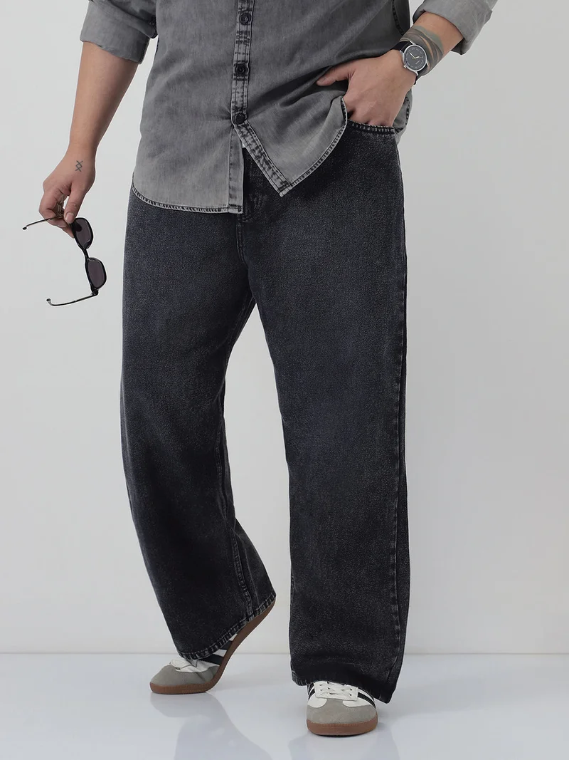 Urbano Plus Men's Black Loose Baggy Fit Heavy Washed Jeans Non-Stretchable