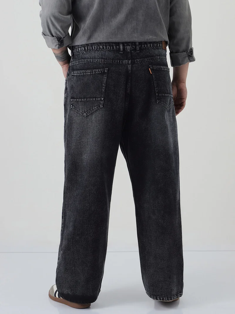 Urbano Fashion  Urbano Plus Men's Black Loose Baggy Fit Heavy Washed Jeans Non-Stretchable  | Best Price UAE