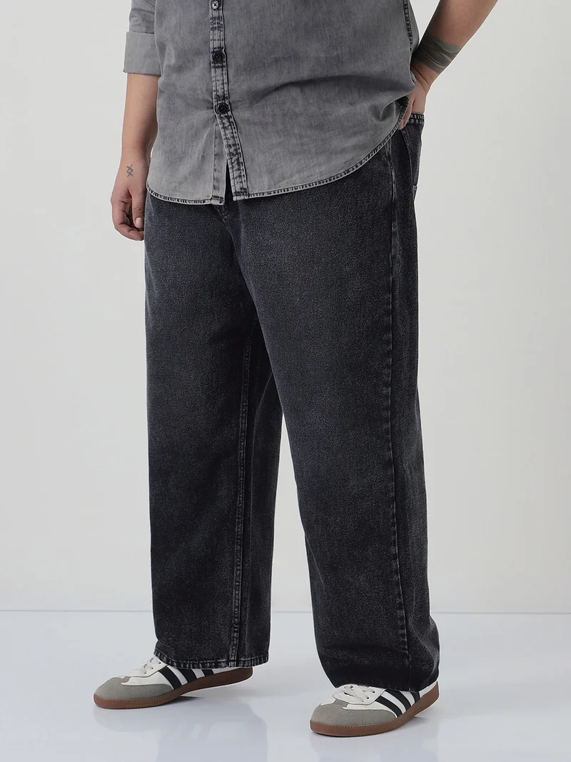Urbano Fashion  Urbano Plus Men's Black Loose Baggy Fit Heavy Washed Jeans Non-Stretchable  | Best Price UAE