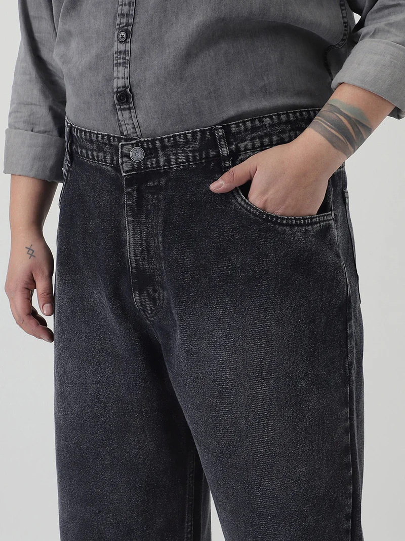 Urbano Fashion  Urbano Plus Men's Black Loose Baggy Fit Heavy Washed Jeans Non-Stretchable  | Best Price UAE