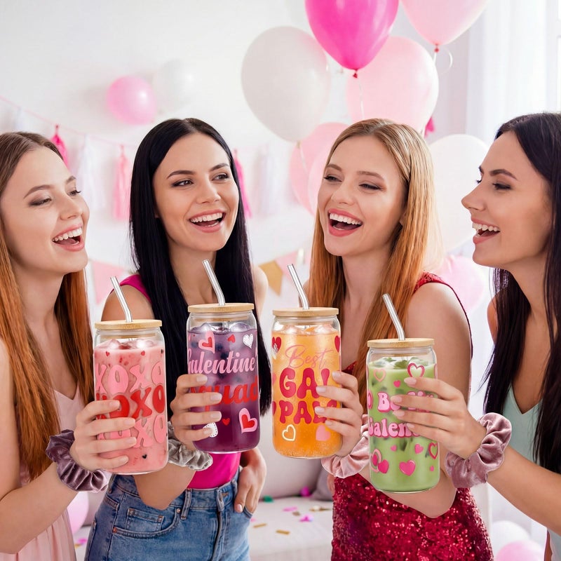 Willinglong 6 Set Galentine's Day Glass Cups with Hair Scrunchies with Cards 6 Hearts Tumbler 16 oz with Bamboo Lids and Straws 6 Velvet Soft Hair Ties Valentine Gifts Party Favors for Women Friends - Image 5