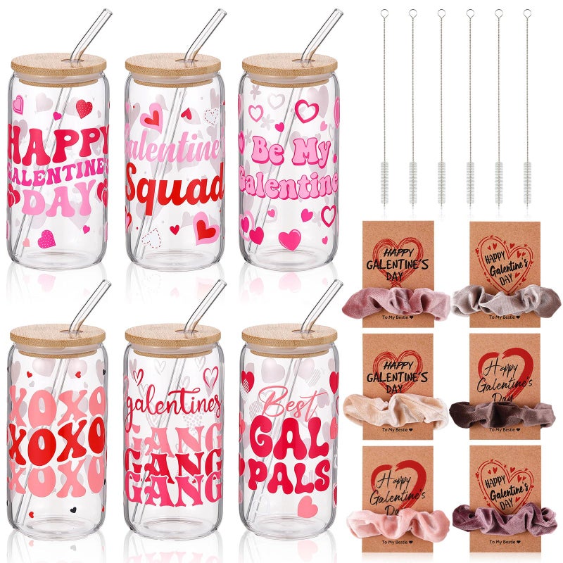 Willinglong 6 Set Galentine's Day Glass Cups with Hair Scrunchies with Cards 6 Hearts Tumbler 16 oz with Bamboo Lids and Straws 6 Velvet Soft Hair Ties Valentine Gifts Party Favors for Women Friends - Image 1