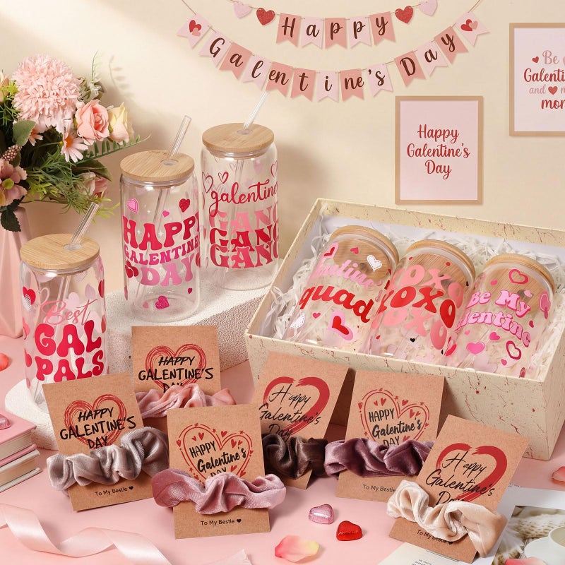 Willinglong 6 Set Galentine's Day Glass Cups with Hair Scrunchies with Cards 6 Hearts Tumbler 16 oz with Bamboo Lids and Straws 6 Velvet Soft Hair Ties Valentine Gifts Party Favors for Women Friends - Image 4