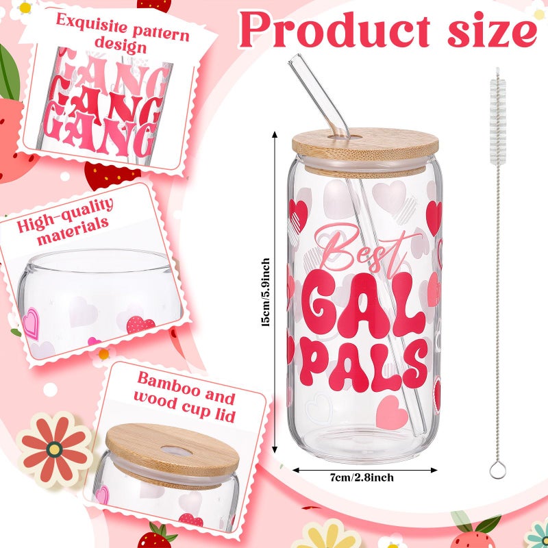 Willinglong 6 Set Galentine's Day Glass Cups with Hair Scrunchies with Cards 6 Hearts Tumbler 16 oz with Bamboo Lids and Straws 6 Velvet Soft Hair Ties Valentine Gifts Party Favors for Women Friends - Image 3