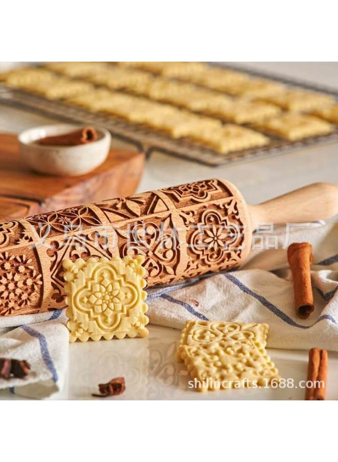 European and American popular VINTAGE pattern wooden embossed rolling pin, popular window grilles square flower printing rolling pin 13.7 * 2.5 inches - Image 3