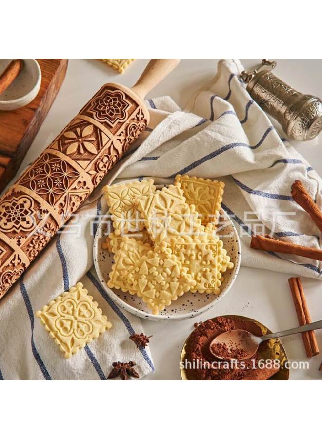 European and American popular VINTAGE pattern wooden embossed rolling pin, popular window grilles square flower printing rolling pin 13.7 * 2.5 inches - Image 2