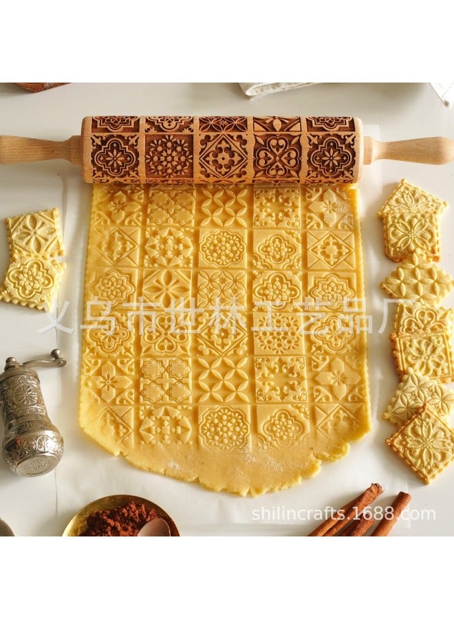 European and American popular VINTAGE pattern wooden embossed rolling pin, popular window grilles square flower printing rolling pin 13.7 * 2.5 inches - Image 1