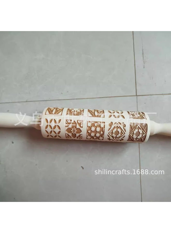 European and American popular VINTAGE pattern wooden embossed rolling pin, popular window grilles square flower printing rolling pin 13.7 * 2.5 inches - Image 4