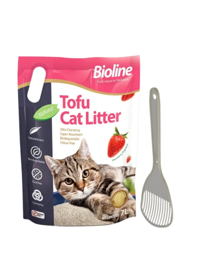 بايولاين رمل توفو للقطط 7 لتر - برائحة الفراولة، مغرفة رمل موديرنا للقطط