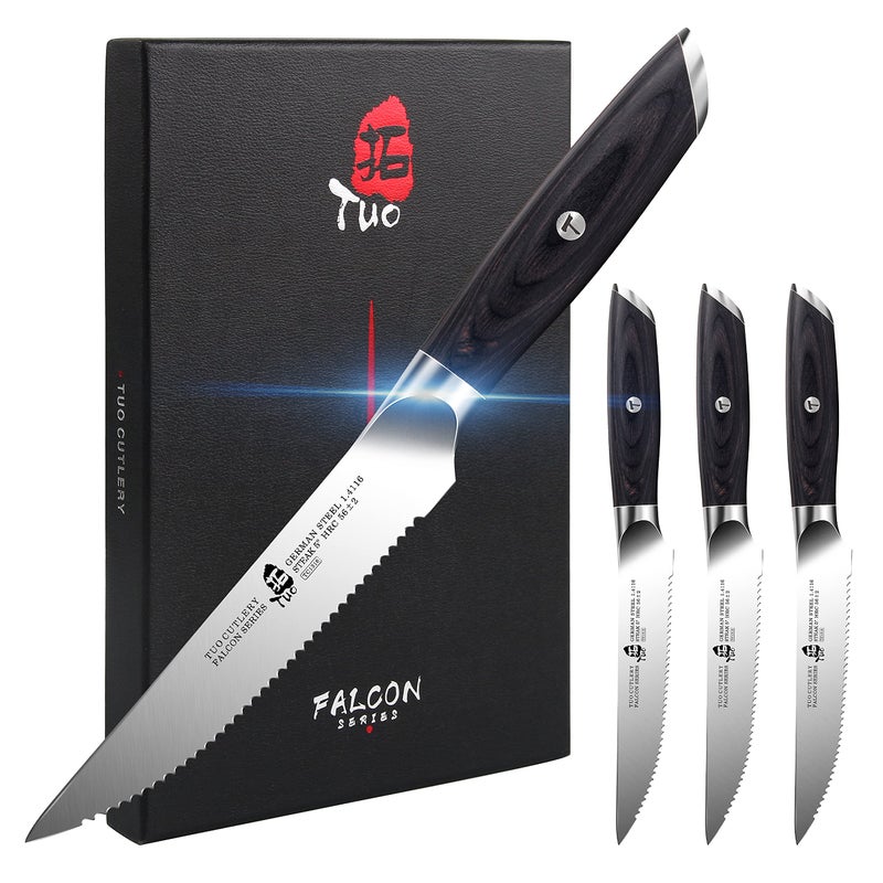 TUO Steak Knives  4 Piece Steak Knife Set Serrated Edge Steak Knives 5 inch Kitchen Knife  German High Carbon Stainless  Full Tang Pakkawood Handle  Falcon Series with Gift Box