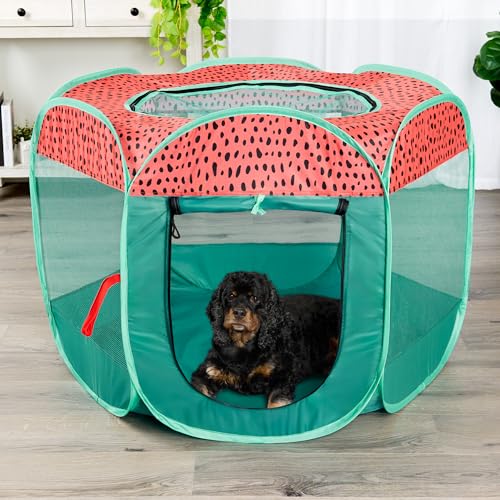 Furhaven Portable Dog Playpen Cat Tent Pet PlaygroundKennel Foldable Indoor Outdoor Zippered Puppy Crate Green Pink Medium - Image 3