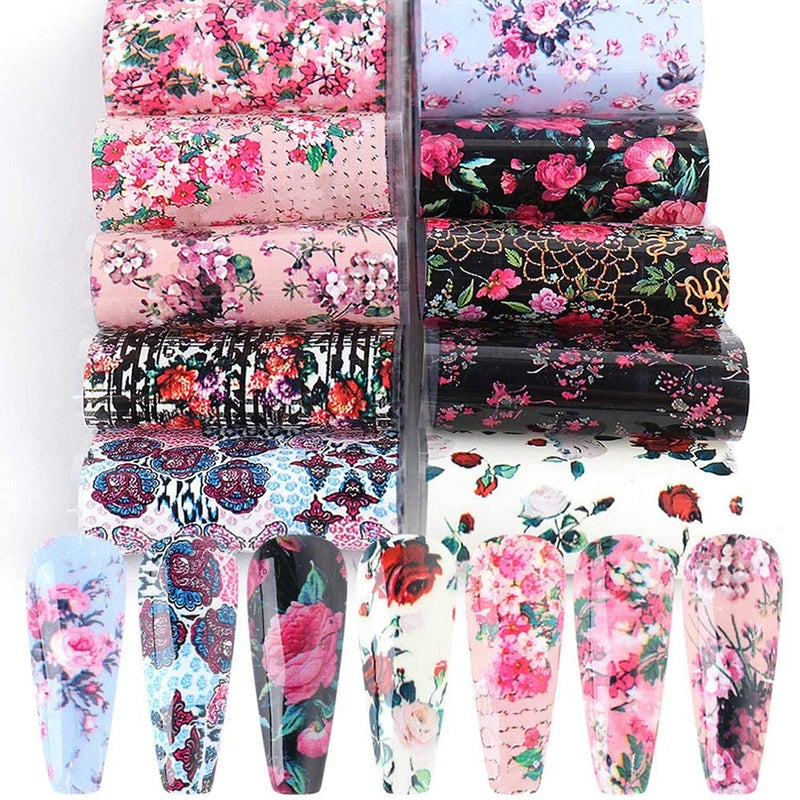 KZBTRBT Acrylic Retro Flower Nail Art Stickers 10pcs Style 5 Glitter Foil Transfers Decals for Women Manicures