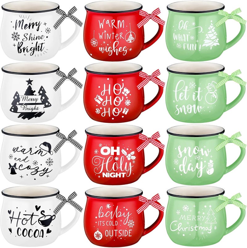 Suttmin 12 Pcs Ceramic Christmas Mugs Set 12 oz Christmas Coffee Cups with Ribbon for Tea and Coffee Xmas Holiday Gift Tiered Tray Decor for Hot Cocoa Kitchen Table Red Green White  - Image 1