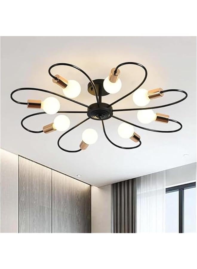 HOOKOR 8-Light Semi Ceiling Lights Fixture, Industrial Modern Sputnik Chandelier Fixture, Black Semi Flush Mount Mid-Century Pendant Light for Dining Room Bedroom Kitchen Island (Bulbs Not Included) - Image 1