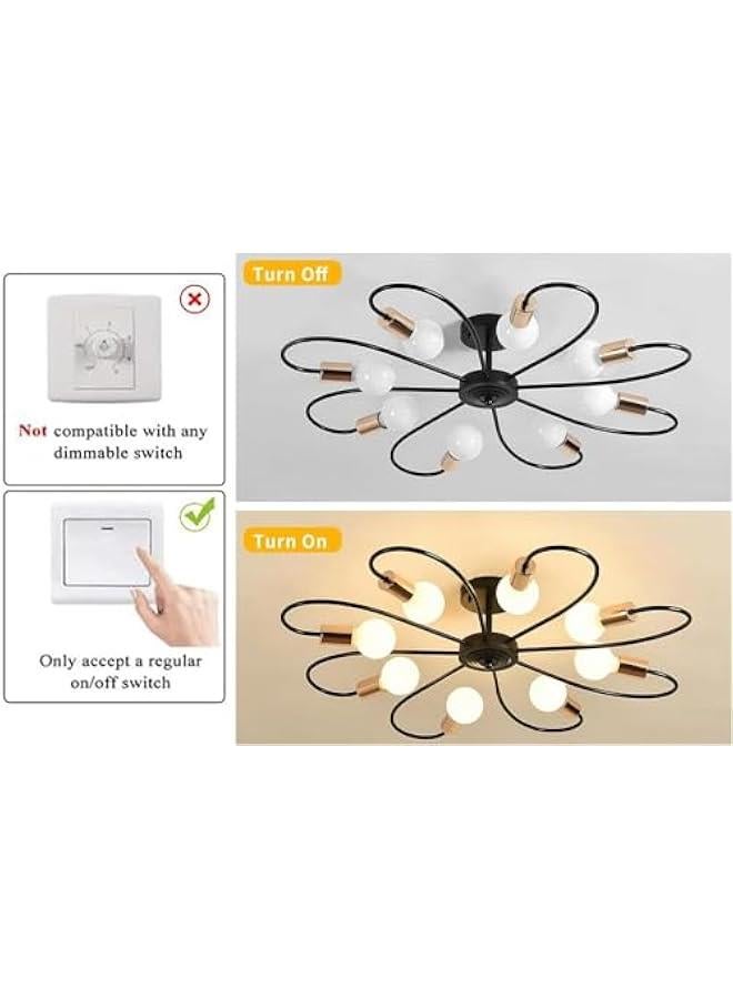 HOOKOR 8-Light Semi Ceiling Lights Fixture, Industrial Modern Sputnik Chandelier Fixture, Black Semi Flush Mount Mid-Century Pendant Light for Dining Room Bedroom Kitchen Island (Bulbs Not Included) - Image 3