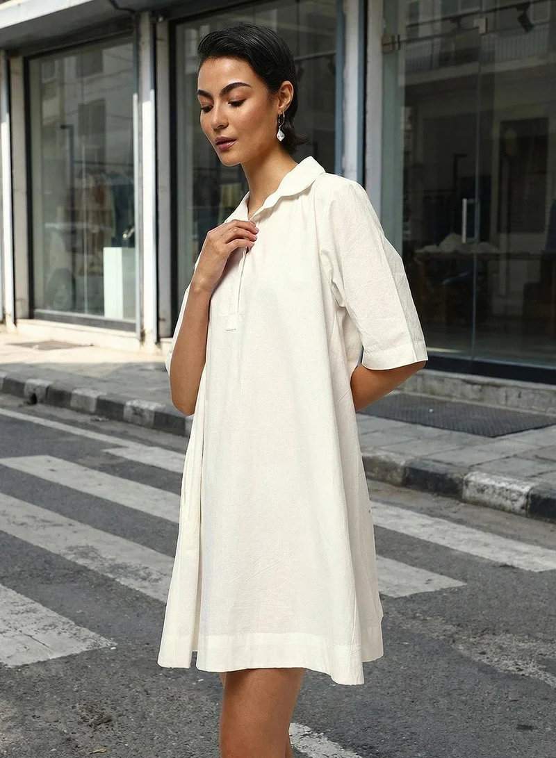 Ishin  Off White 100% Cotton Solid Print Mini A-Line Relaxed Dress For Women for Women | Best Price UAE