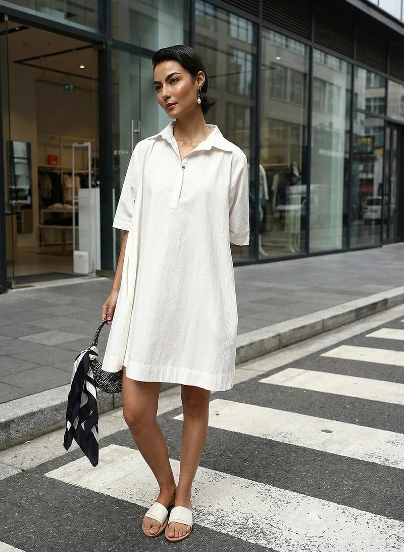 آي شين Off White 100% Cotton Solid Print Mini A-Line Relaxed Dress For Women