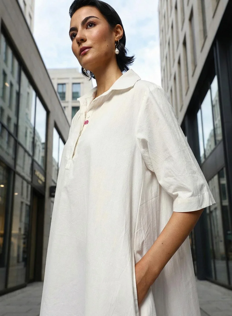 آي شين Off White 100% Cotton Solid Print Mini A-Line Relaxed Dress For Women