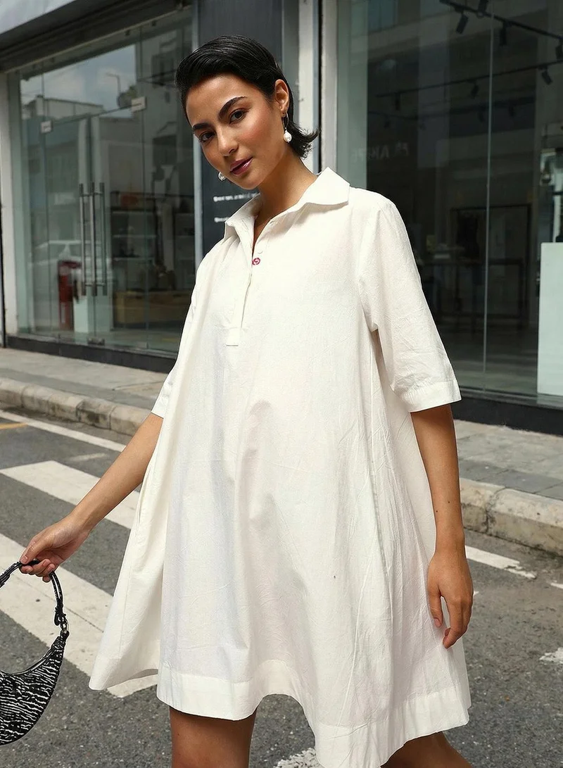 Ishin  Off White 100% Cotton Solid Print Mini A-Line Relaxed Dress For Women for Women | Best Price UAE