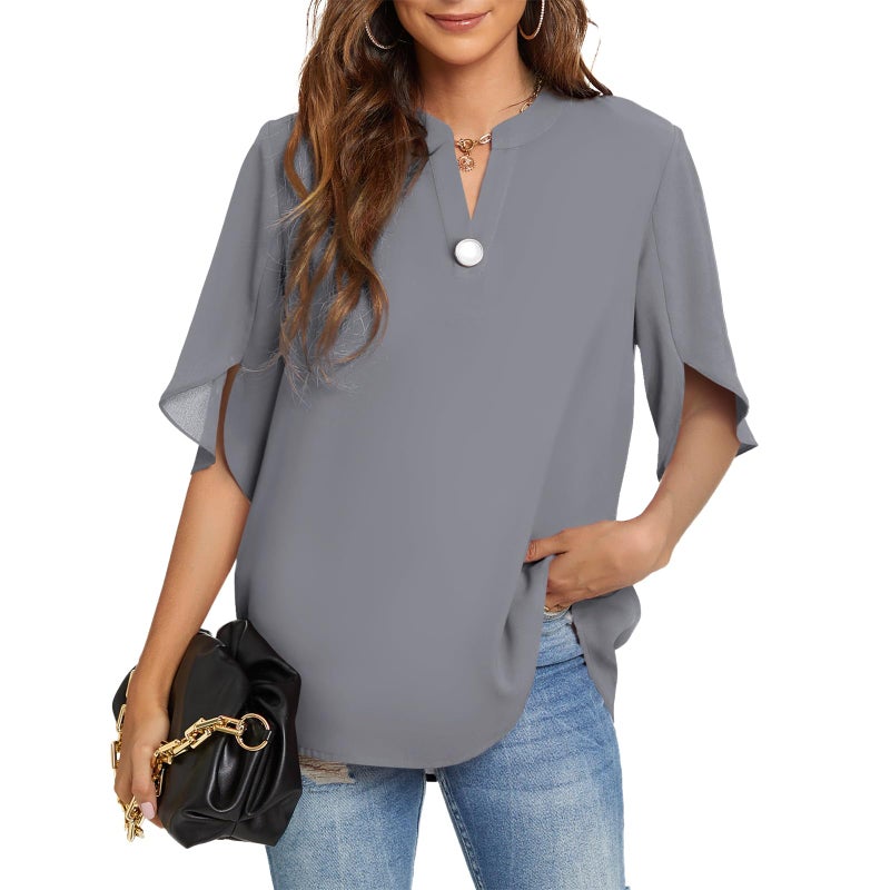 Funlingo Womens Short Sleeve Tops Dressy Casual Summer Shirts Ladies V Neck Chiffon Blouse Business Office Flowy Clothes Grey XL - Image 1