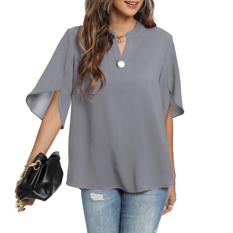 Funlingo Womens Short Sleeve Tops Dressy Casual Summer Shirts Ladies V Neck Chiffon Blouse Business Office Flowy Clothes Grey XL - Image 2