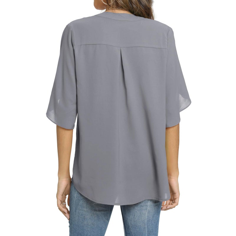 Funlingo Womens Short Sleeve Tops Dressy Casual Summer Shirts Ladies V Neck Chiffon Blouse Business Office Flowy Clothes Grey XL - Image 3