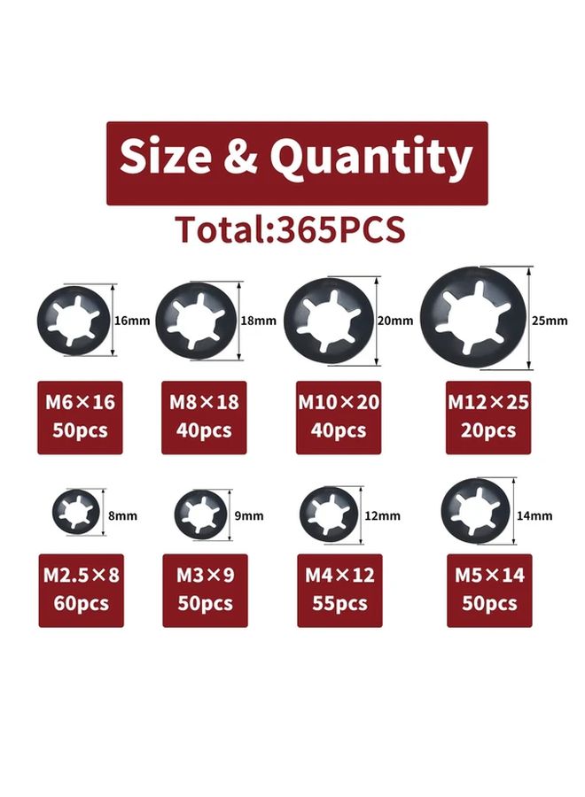 365Pcs AIMUNOC Internal Tooth Starlock Washers 8 Sizes Push On Speed Clips Fasteners Assortment Kit 65 Manganese Steel Black Oxide Finish Star Lock Washers - Image 2