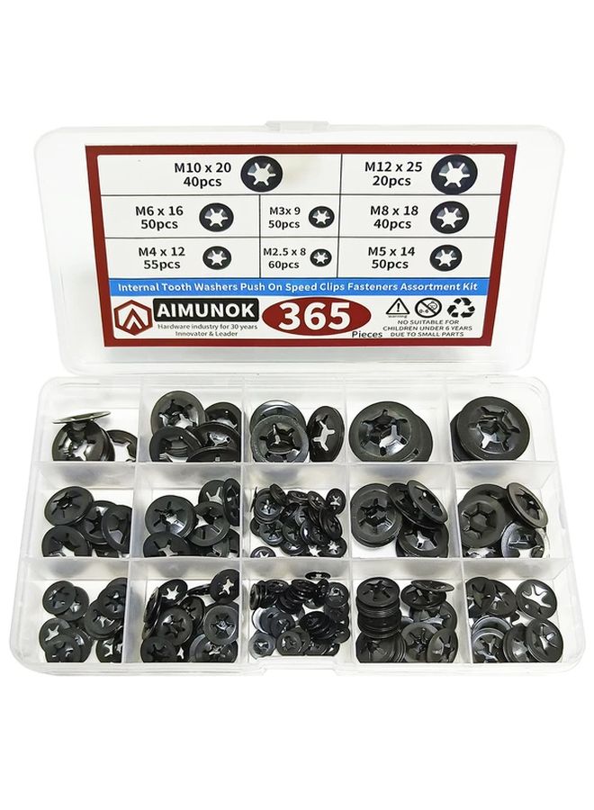 365Pcs AIMUNOC Internal Tooth Starlock Washers 8 Sizes Push On Speed Clips Fasteners Assortment Kit 65 Manganese Steel Black Oxide Finish Star Lock Washers - Image 3